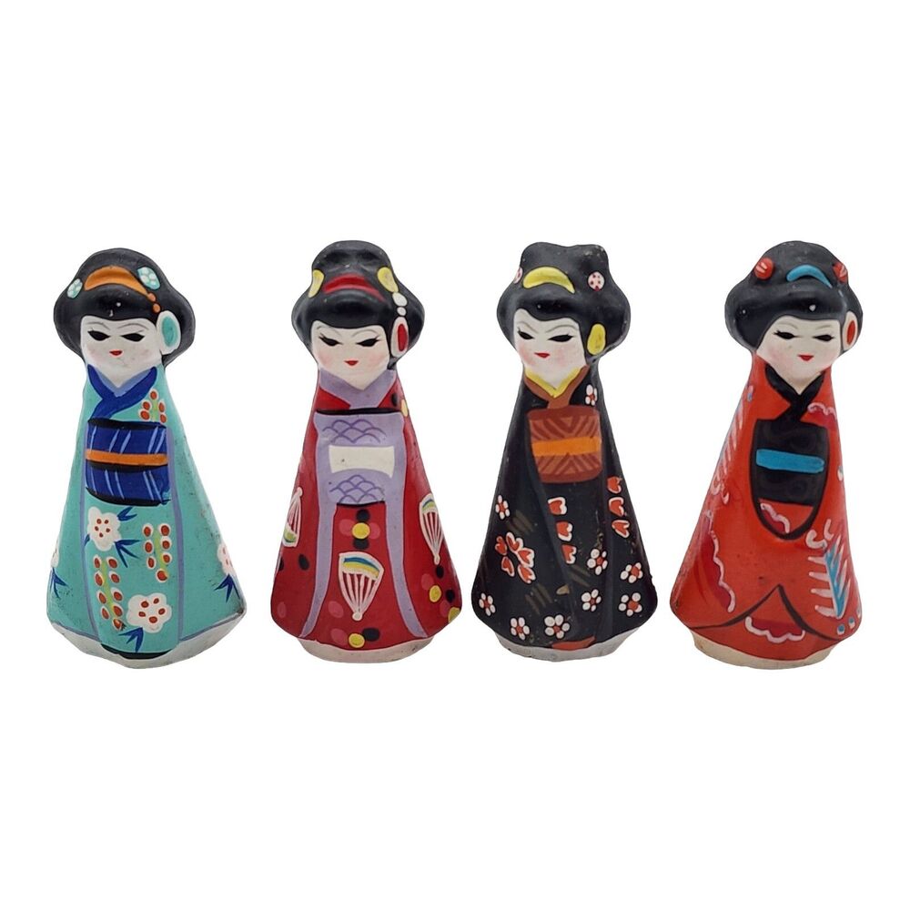 Lot of 4 Vintage Pottery Miniature Asian Geisha Woman Girl Figurine Hand Painted